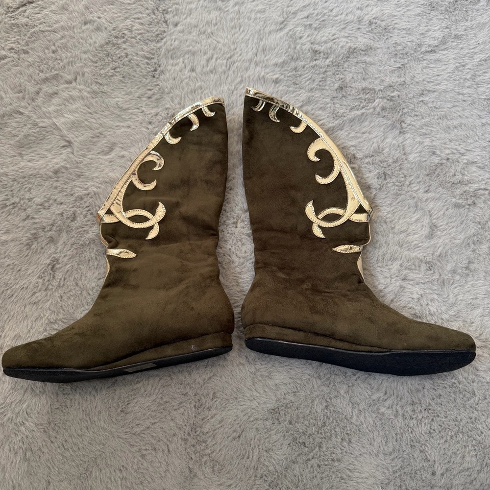 Fantasy Boots Renaissance Cosplay Fairy Tale Costume Shoes Olive Gold Trim Sz 7